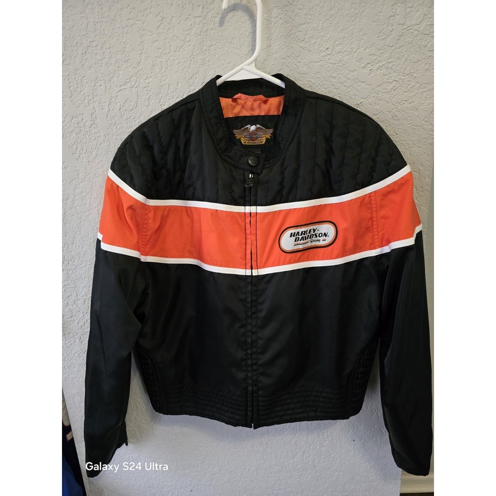 Harley Davidson Black And Orange Jacket Coat Race Style Women's Sz Large